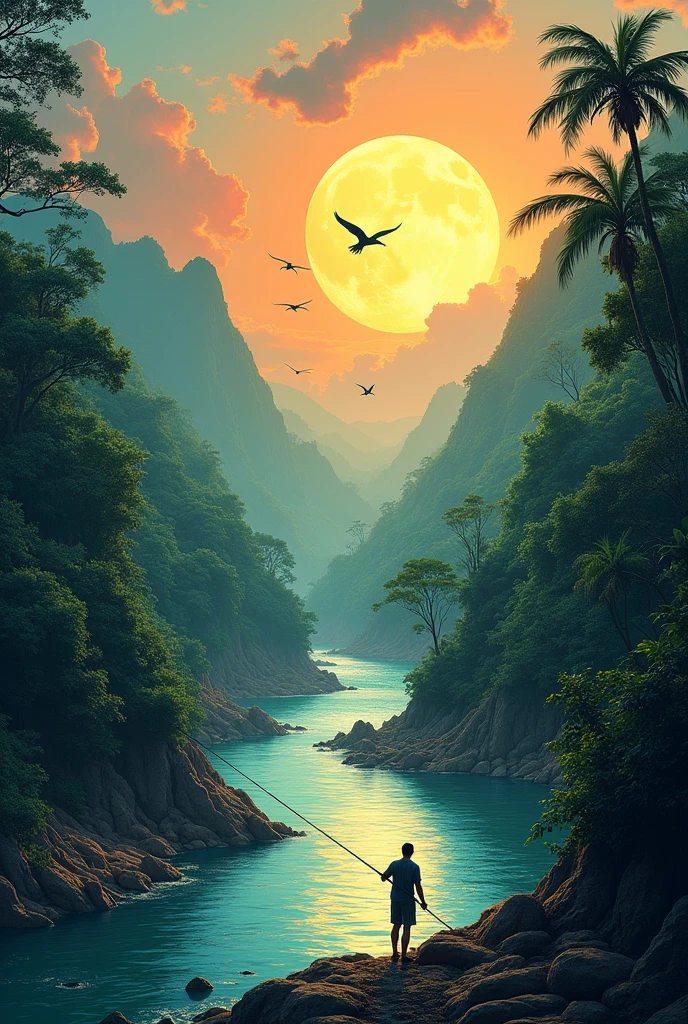 Make a sketch of a landscape of the Colombian coast with a moon on the left, and sun on the right, tropical birds forests and jungle with trees in deforestation and a river full of fish with a person fishing 