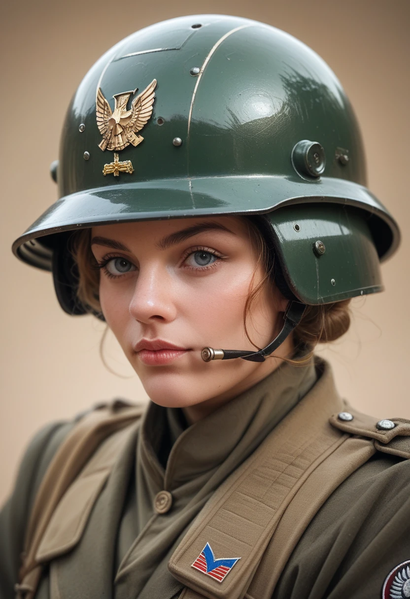 Close-up of a very beautiful girl, wearing military uniform with a military helmet; helmet decorated with terminator bones; menacing, fantastical style; iron armor with skeleton decoration; background of bombs, smoke and fire.
Photo taken with Canon EOS R5 85mm f/11 Camera, ((sharp)) mode of people and surrounding scenery. Image quality ((8K)), ((lifelike)), ((masterpiece)), ((sharp and highest contrast)), ((great depth of field)), ((light stereolithography)).
