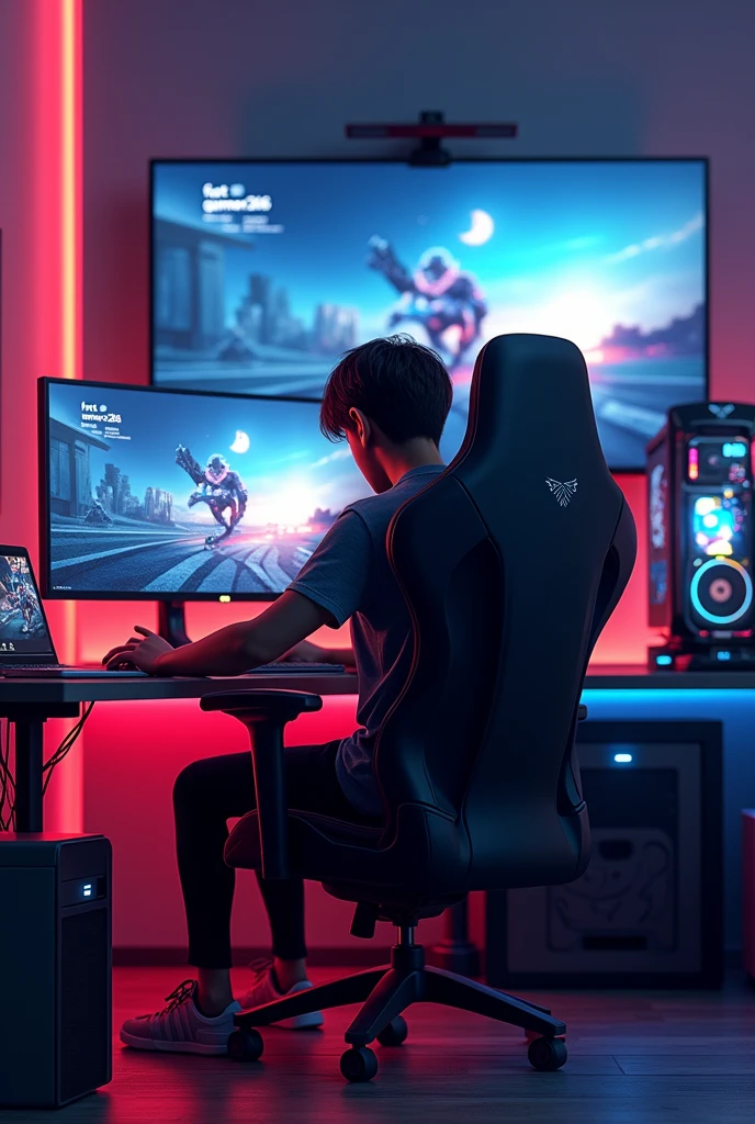 Creat 3d logo background a in Gaming room sit boy his gaming chair and his pc in with gameplay background up youtube logo "fact_gamerz326"