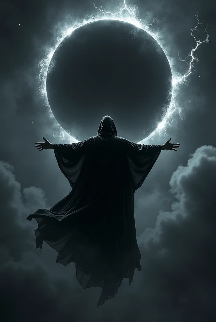 a wizard with open arms levitating in the heavens, black cape, facing a black eclipse while the sky is black