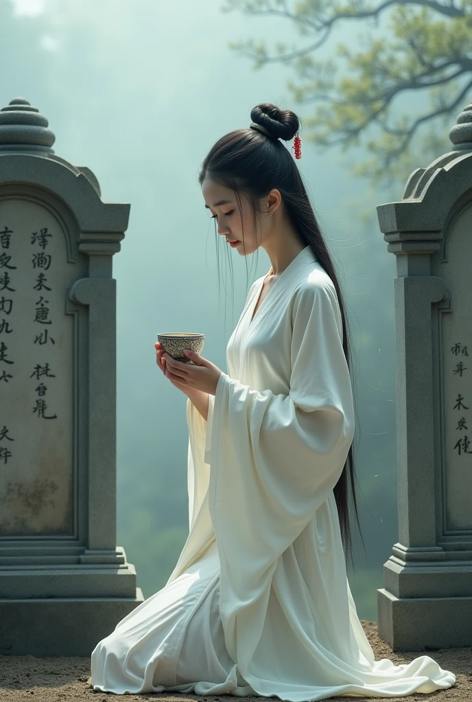 A young Chinese woman in white ancient clothes holding a small silver cup in her hand, kneeling in front of two memorial headstones, with tears in your eyes