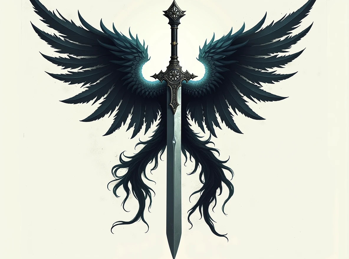 Replace the sword with an Athame dagger, featuring a thin, double-edged blade and a decorative handle. Ensure the 'A' shape and the wings remain intact and unchanged. The Athame should fit naturally into the design, maintaining the same alignment and position as the original sword, with the overall dark fantasy aesthetic.