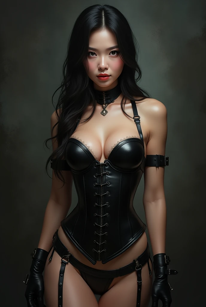 Sexy Asian Girl, BDSM dress, Black latex corset, mistress