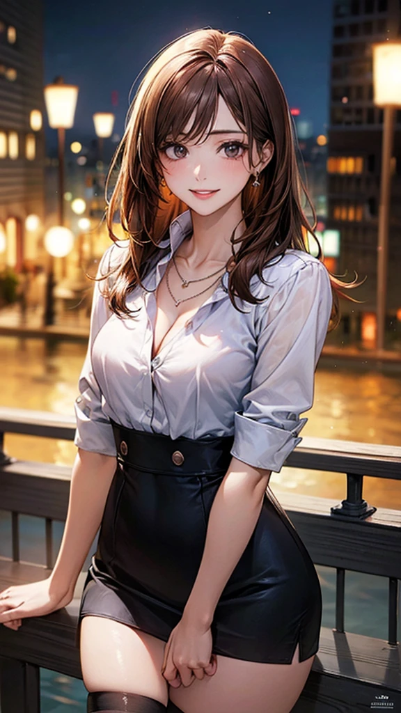 ((Highest quality, High resolution, masterpiece, detailed)),
Cowboy Shot, Written boundary depth, View your audience, Anatomically correct, woman, Shiny skin,
(Long Hair, Light brown hair),
Beautiful details, Beautiful Hair, Beautiful Face, Beautiful clavicle, Beautiful breasts, Beautiful body, Beautiful waistline, Beautiful feet, Cleavage,
(Collared shirt, Micro Mini Skirt, Black crotch-length stockings, necklace),
(Beautiful views), night, (smile, Part your lips),