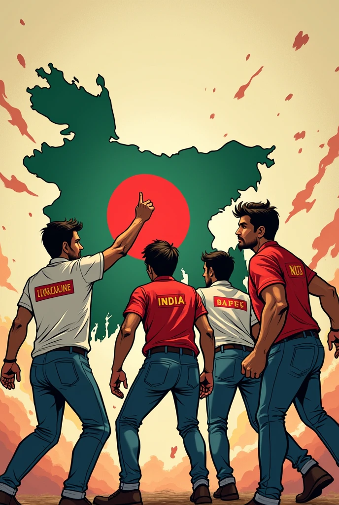 One frame 5 person
First person Name is India, Second Person name is US, 3rd person name is Awamileauge
4th person name is BNP and Last person name is Jamayet
Each person fight for Bangladesh Map
4k cartoon art
Every person name given on there shirt
Just like paper news