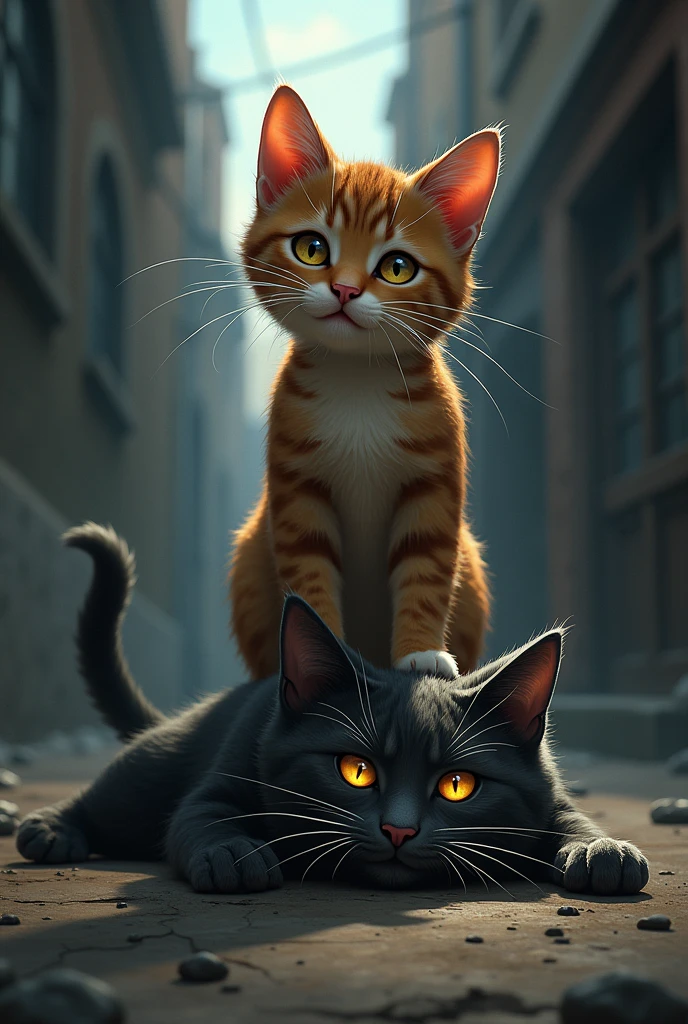 "The bully cat is now lying on the ground, defeated and shocked, while the kitten stands over him, panting heavily. The kitten’s expression is one of triumph mixed with the realization of his own power. The alley remains shadowy, but there’s a new light in the kitten’s eyes, signaling the beginning of a transformation from a tender-hearted kitten to a fierce fighter."