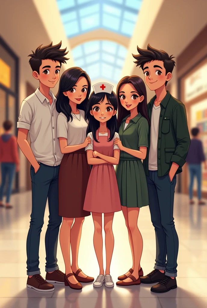 selfie picture. detailed group picture, cartoon animated picture, indoor scene. Five friends, all characters should have same height, same tall. two boys and three girls, stand together in a shopping mall, all facing forward. They are all wearing decent, smart casual, office dresses and have fair skin. The first boy has short, spiky hair, the second boy has messy, curly hair, and the girls have long, dark hair. The background showcases a shopping mall with a crowded area. The ground appears wet, reflecting the surroundings. characters shouldn't be touching each other, and one girl should be in the middle with wearing a nursing cap. 
