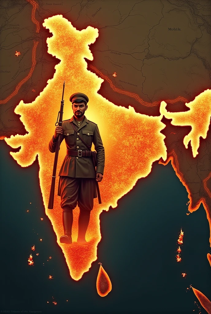A map of India with flames or sparks spreading across it, representing the Revolt of 1857. In the center, a small but prominent image of Mangal Pandey can be placed, symbolizing how his actions ignited the larger movement.
