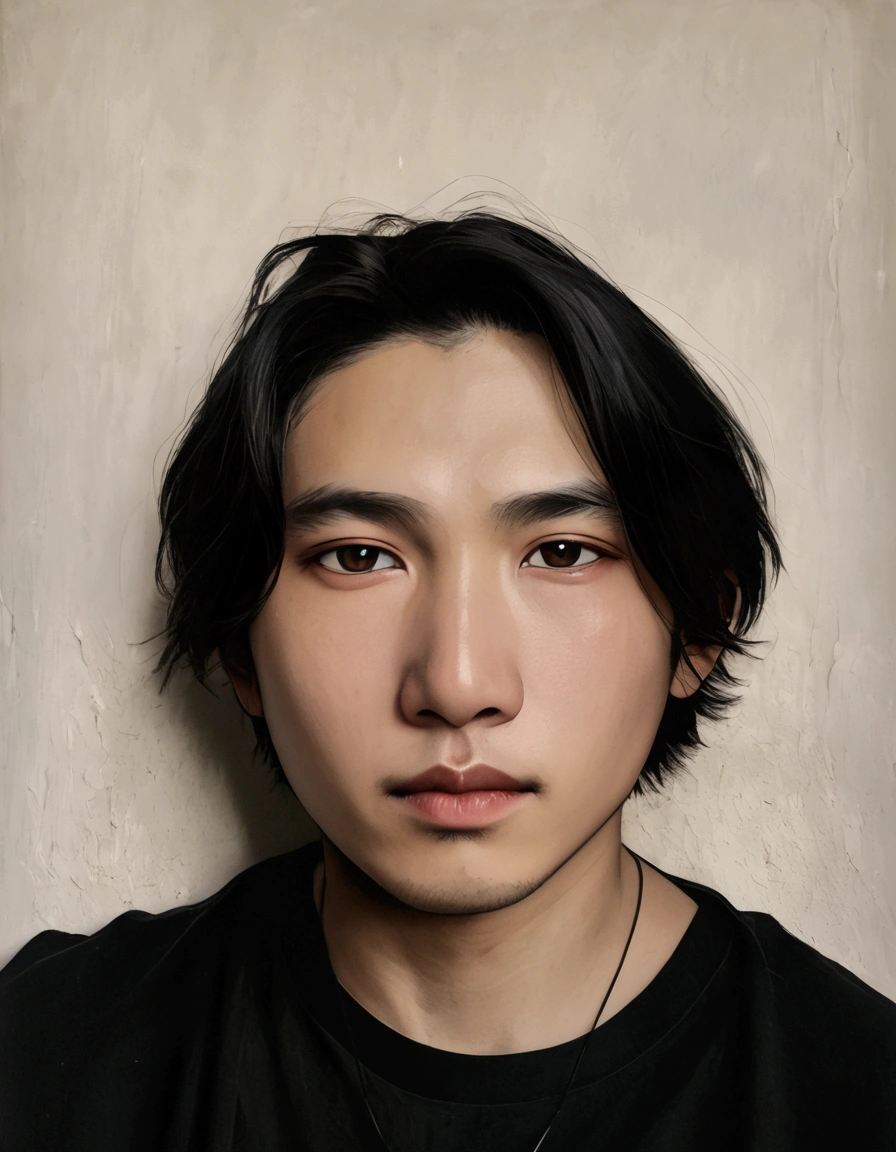 arafed asian man with a black shirt and a necklace, halfbody headshot, headshot profile picture, androgynous face, frontal picture, clean shaven wide face, around 1 9 years old, heavy eyes to the side, headshot photo, with no facial features, clean shaven face, taken in the early 2020s, realistically rendered face