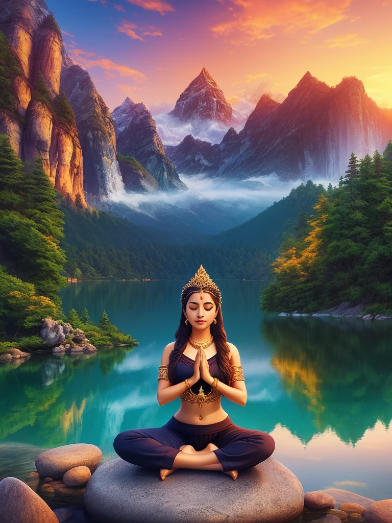 A woman sitting on a rock in front of a serene lake with a sunset, digital art by Cyril Rolando, trending on CG Society, fantasy art, Hindu stages of meditation, Hindu aesthetic, Indian goddess, beautiful goddess, Indian goddess of wealth, meditating in lotus pose, beautiful depiction, yoga meditation pose, sacred feminine