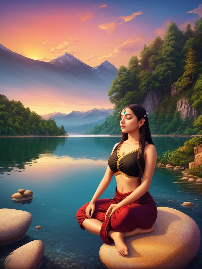 A woman sitting on a rock in front of a serene lake with a sunset, digital art by Cyril Rolando, trending on CG Society, fantasy art, Hindu stages of meditation, Hindu aesthetic, Indian goddess, beautiful goddess, Indian goddess of wealth, meditating in lotus pose, beautiful depiction, yoga meditation pose, sacred feminine
