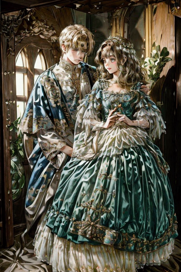 oil painting of beautiful girl with wavy brown hair and blunt bangs, emerald eye, and elegant blue and white gown, holding her beloved blonde man, with lovey-dovey face