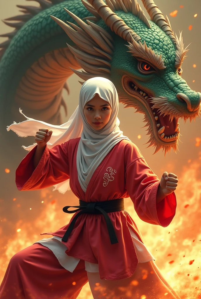 young woman in hijab with red and white karate uniform. surrounded by dragon and fire. on the karate uniform there is a writing "Miya"