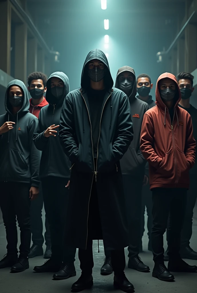 Here's an updated description you can use:

"Generate an image of the Hidden Chronicles, a group of 10 members. The group consists of one adult and nine students from grades 6 to 8. They are all wearing sleek, modern masks, adding to their mysterious vibe. The members are striking cool poses, with some making hand signs like peace signs, rock and roll gestures, or. The adult stands confidently among them, leading the group. The background is dark and atmospheric, with subtle lighting that emphasizes their presence, creating a sense of a secret, underground movement. Kids are not white but black others light skinned others brown and we are ten