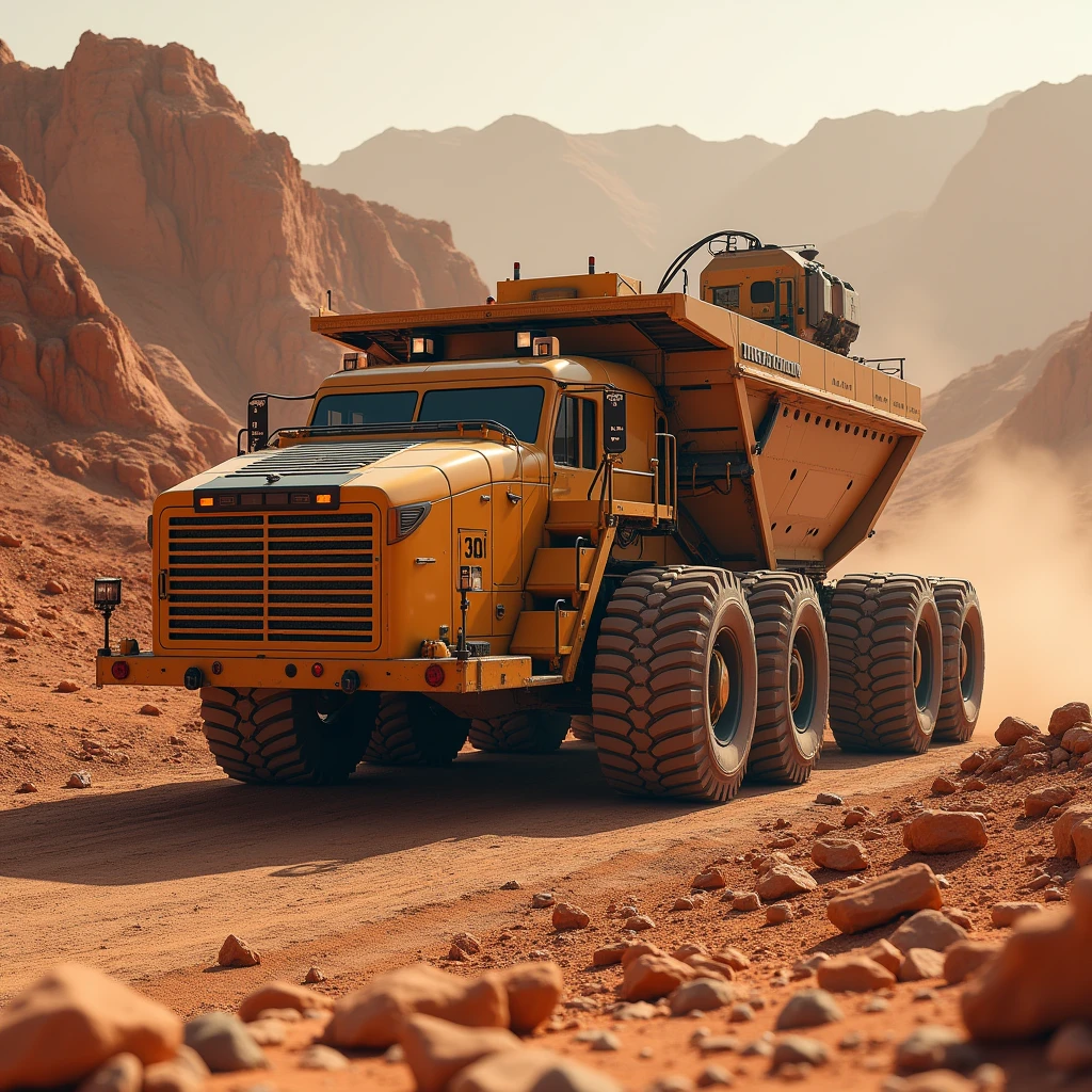 Mars, mineral resources extraction plant, factory, vehicle, excavator, real, science fiction, near future, precision, masterpiece
