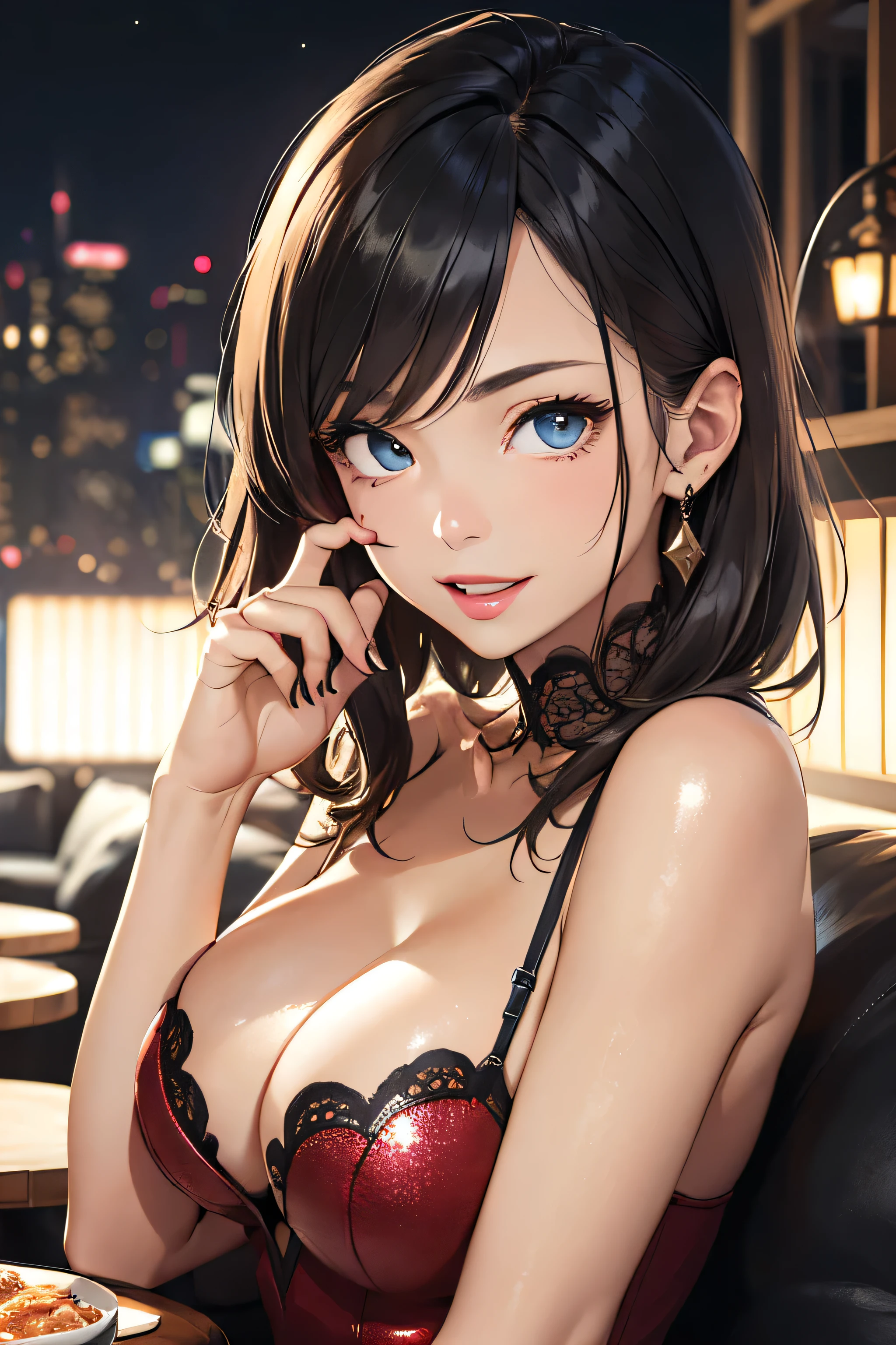 Accurate human body、Detailed people、Correct five-finger、4K - ultra-vivid、highest quality, masterpiece, Ultra-high resolution, Detailed Background、The perfect background、 (((Oily skin,Sparkling Skin、Realistic skin texture、Detailed beautiful skin、Shiny skin、Slimy skin、Glowing Skin、Shiny skin)))、 Full Body Shot, Low camera angle, Depth of written boundary, Focus on the center, Fine grain, Perfect face and eyes、 (Blonde Short Cutのポニーテール、Black skin gyaru:1.1), ((Big Breasts)), (Night dress、split dress、Red dress、blue eyes、Pink Lip Gloss), (nightclub:1.1, Night lounge:1.1, Drunk, drink alcohol), Japanese gyaru, A large black sofa and a small round table、Young and cute girl laughing happily, black hair
INFO