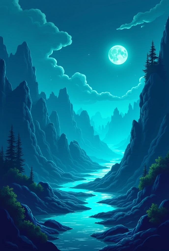 A cyan city in the foreground background artwork, background art, video game background, 2D game background, mobile game background, flat 2 d vector art, 2D game art background, Night village background, There's cyan slime everywhere, cyan slime dripping, Lush Alien Landscape, Random background scene