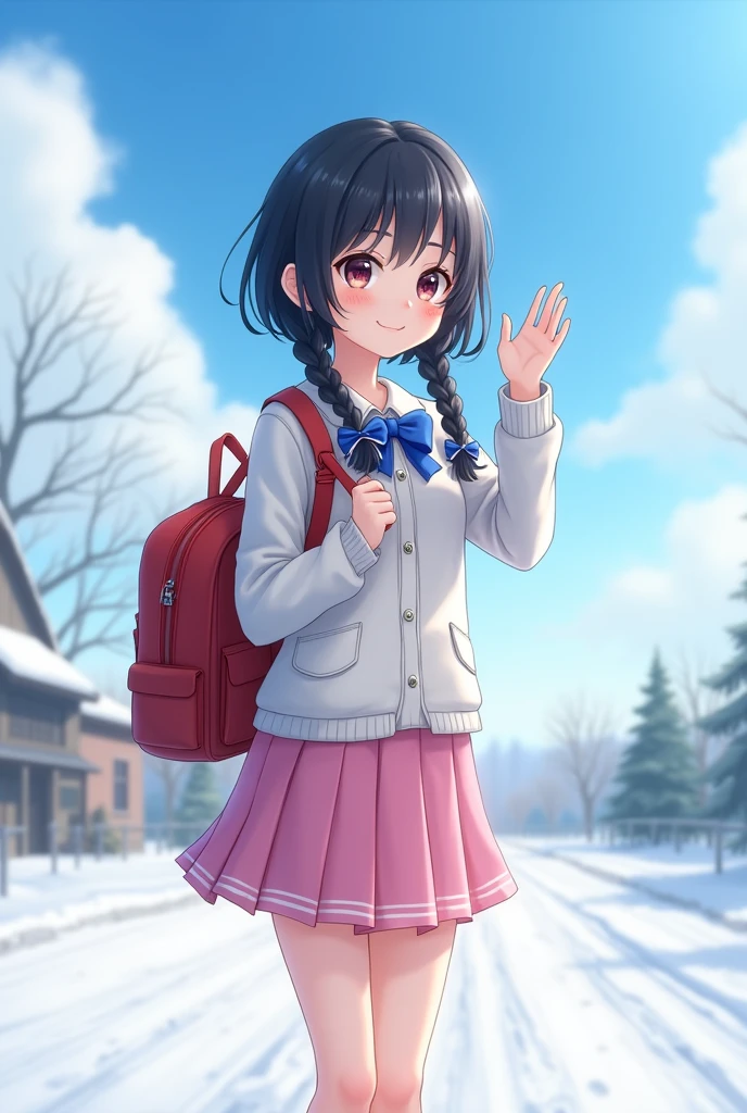 (alone:1.5),girl1人\(very cute,Soft Skin,(girl:2.0),Child&#39;s body shape,Dark Eyes,(),Black Hair,Shiny Hair,Braided twin tails,Pink Skirt,White jacket（Blue Ribbon\),Red School Bag\(Becomes a burden\) , To the camera,Cute Smile,Please wave your right hand,white breath,Rural Areas,shining white snow,blue sky,Beautiful Clouds,quality\(8k,Very detailedなCGユニットの壁紙, masterpiece,High resolution,top-quality,top-quality real texture skin,Surreal,Increase the resolution,RAW Photos,highest quality,Very detailed,Cinema Lighting,Ray Tracing,)