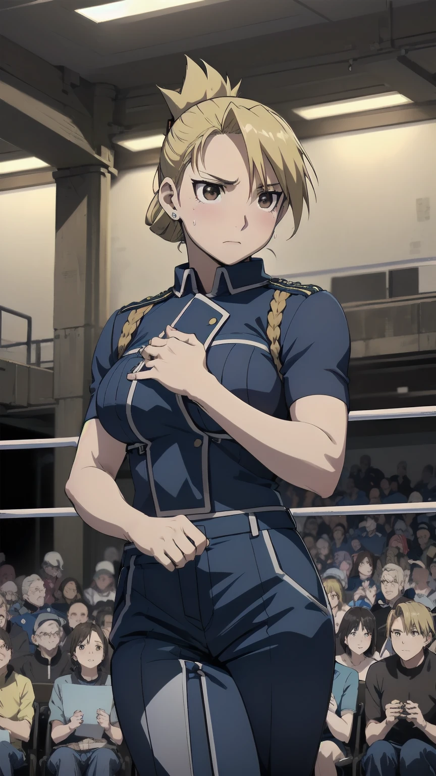 masterpiece, Highest quality, High resolution, One Girl, ponytail brown eyes,big , Blue military uniform、Cowboy Shot、Muscular body、blush、Sweat、Composition from the front、アニメ、(((Blue military uniform、Blue trousers、Stand in front、audience、Shaking breasts、 Look forward)))、((Wrestling Arena)), (ponytail、Blue military uniform), (Slender body, Sweat, Embarrassing、blush), Mature Woman, Mature Woman