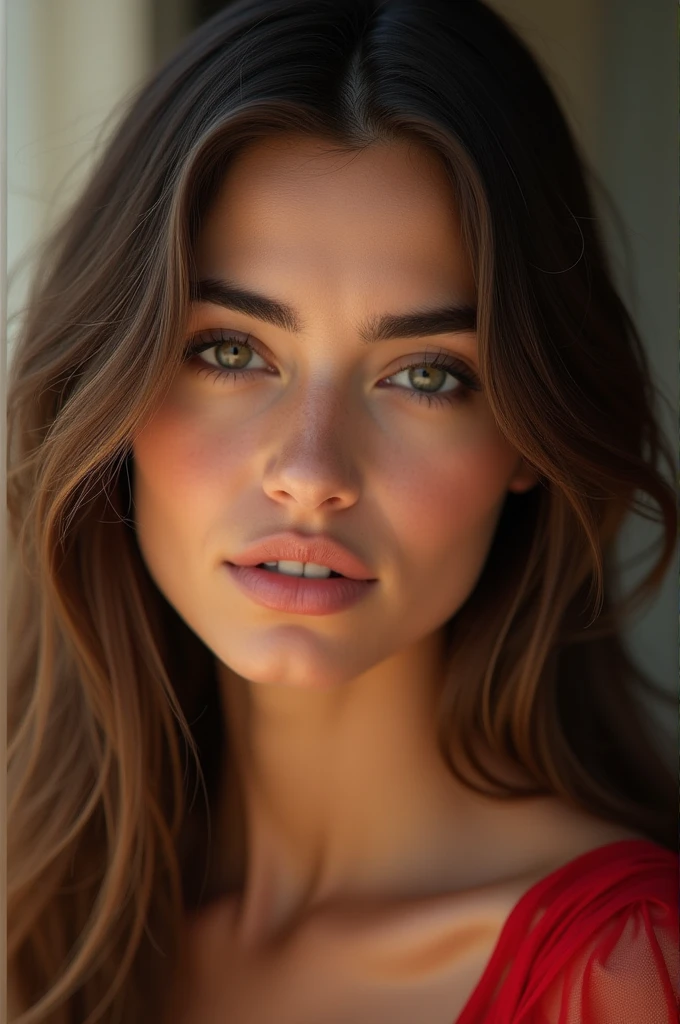 a beautiful young Maghreb woman, 26 ans, with long straight brown hair, beaux yeux noirs en amande, arab woman features, arabic nose and lips , Height 170 cm, poids 75kg, realistic, (best quality,4K,8k,high resolution,head of'artwork:1.2),ultra detailed,(realistic,photorealistic,photo-realistic:1.37),HDR,HD,studio lighting,ultrafine paint,sharpness,physical rendering,extremely detailed description,professionnel,Couleurs vives,bokeh,portrait