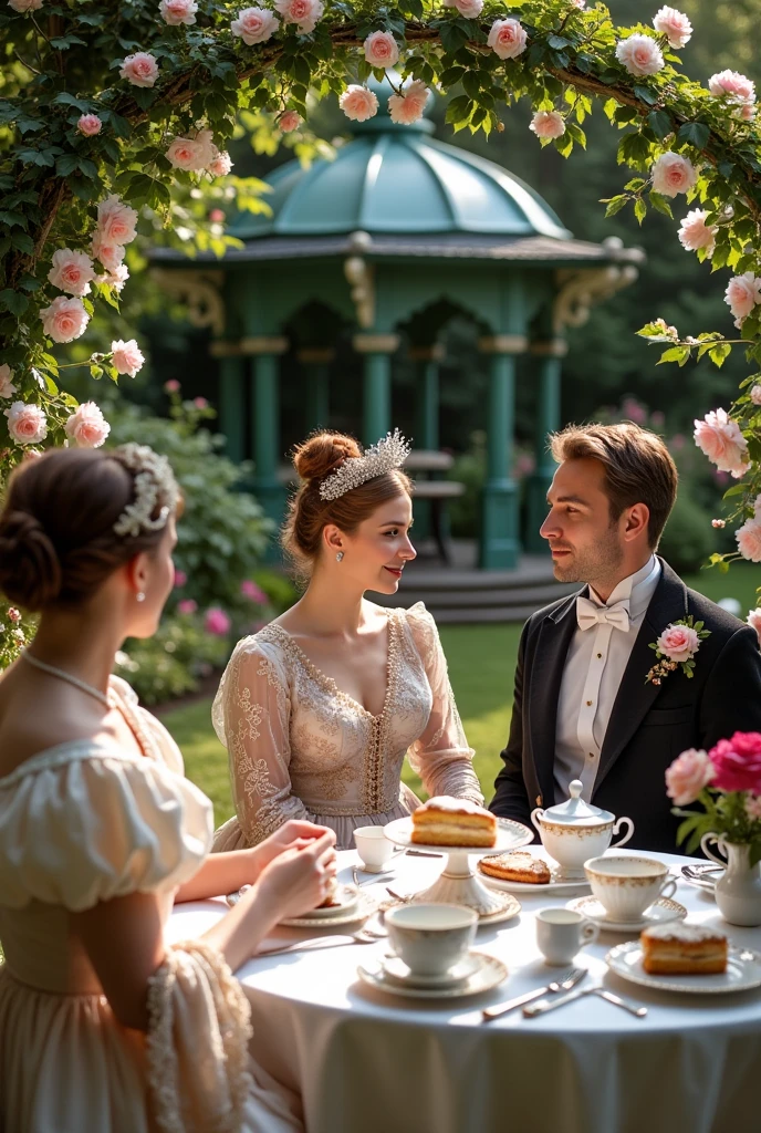 An elegant victorian era tea party set in a beautifully decorated garden. Ladies and gentlemen are dressed in ornate period clothing, with delicate china teacups, silverware, and a table laden with cakes and pastries. The  garden is in full bloom, with roses ivy surrounding a picturesque gazebo