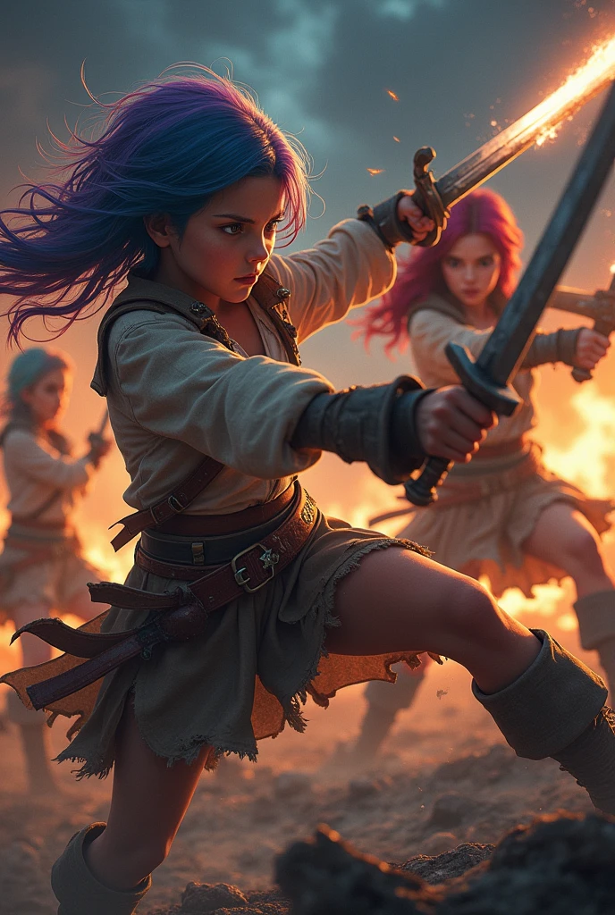 (Ultra quality:1.2), (Ultra detailed:1.2), (Ultra detailed clothes:1.2), (Ultra detailed face:1.2), (Ultra detailed eyes:1.2), (Ultra detailed body:1.2), (Ultra detailed weapons:1.2), young pirate girls, torn clothes, different hair colors, sword fights, battlefield in the background, fire in the background, night
