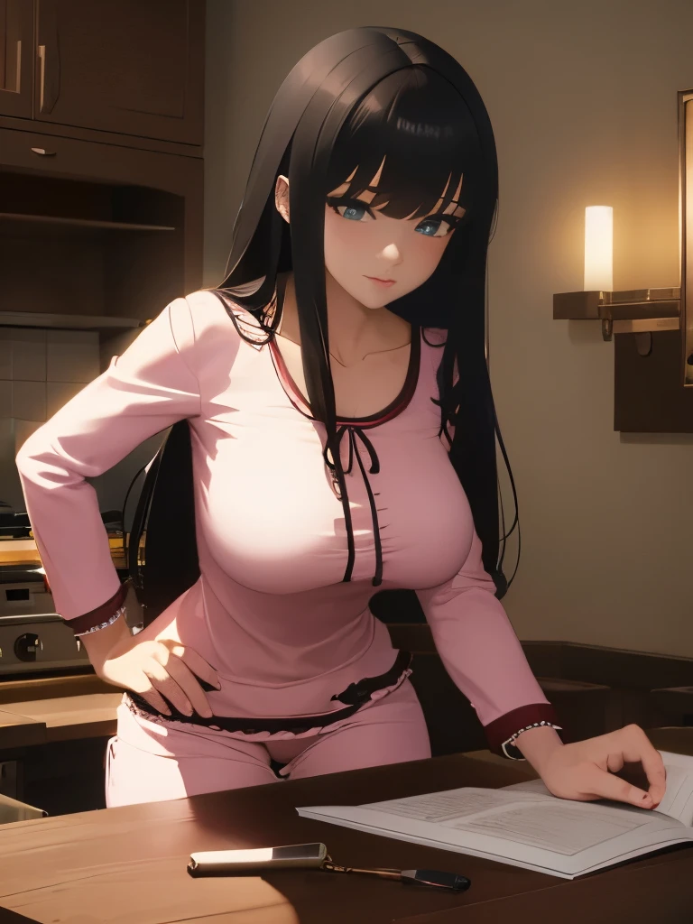(1girl:1.3), Masterpiece, Best quality, amazing beauty, 4K, absurdres, finely detail, super detailed eye, perfect anatomy, official art, cinematic lighting, BREAK, kitchen, silky medium long hair, black hair, embarrassed, BREAK , big breasts, white skin, Are standing, BREAK , (pajamas:1.2), BREAK,()