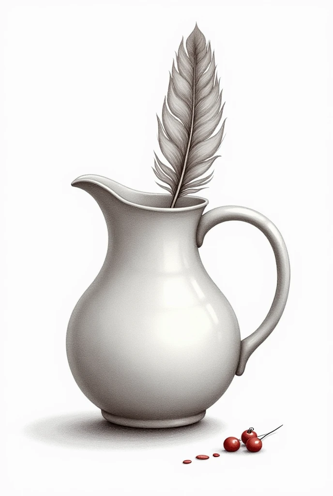 Drawing of a jug on the side that has a feather and that is dripped on the bottom