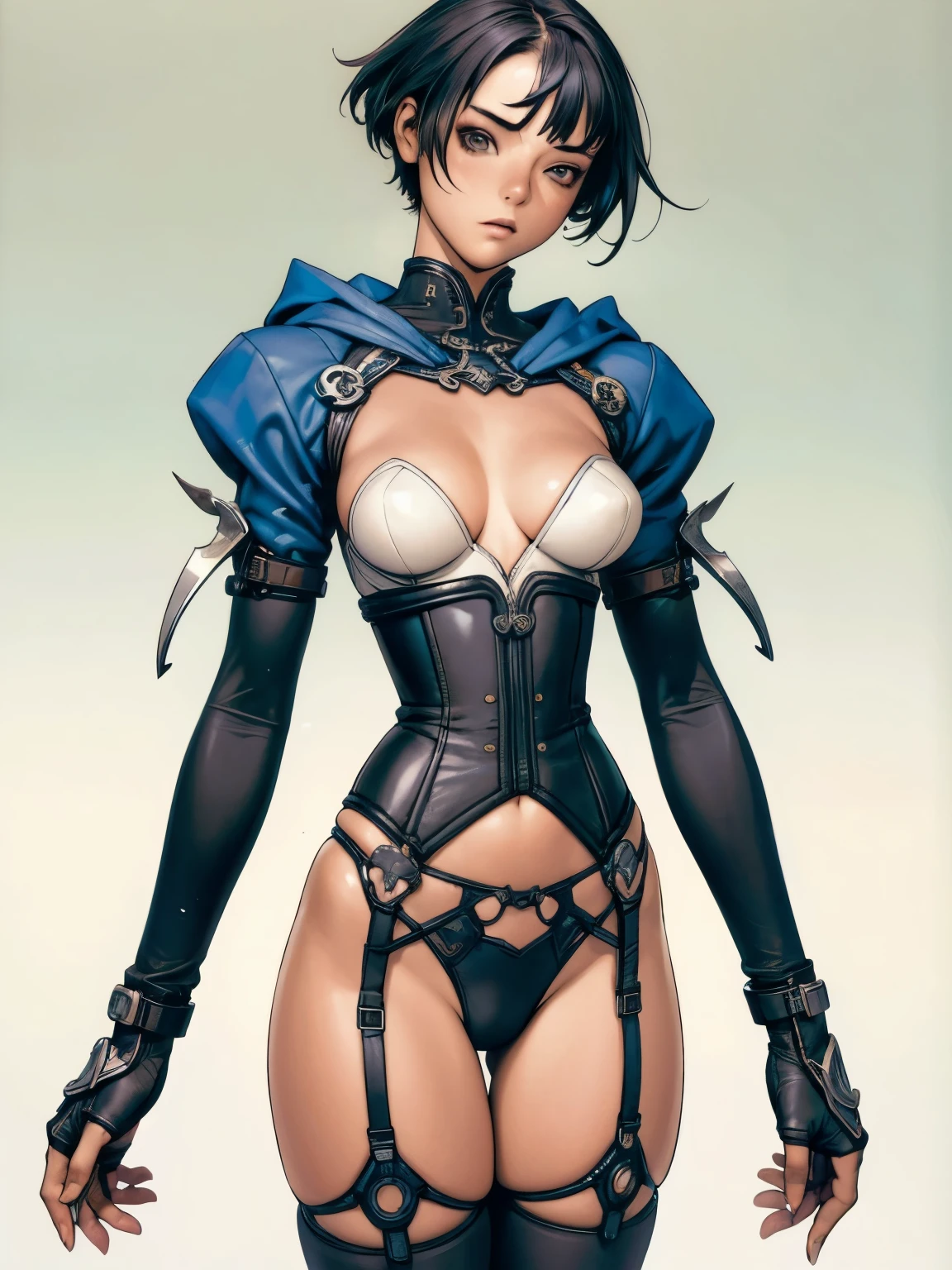 (((Warrior))), (((90% blue SUIT))), (((garter belt and corset))), (((hair with bangs and shaved sides))), ((hooded cloak)), (((best qualityer: 1.4))), (Unbeatable masterpiece), (hiper HD),(CG 8k hyper-realistic), (((short cut hair style))), (((breasts big))), (((hyper feminine))), sexly girl, Tron,（(super short black hair)), ((( sculptural body ))), (((1 girl))), garota cibernética de 25 anos com perfectbody,,Beautiful and well-groomed face,muscular body:1.2,gradient color detailed jacket, (Head to thigh photos)， Complex equipment, green dark，Long pants, (((standing alone))), pirralha violent, (((14歳))), sexly, pose de atitude, work of art, post-apocalypse, (((manga style))), bounty hunter, violent, Manic, the way you want, slenderbody, thin but strong, perfectbody, roupa moderna, advanced technology, neon, sleeves with vertical striped pattern, neutral background, (( cowboy shot )). intricate visual