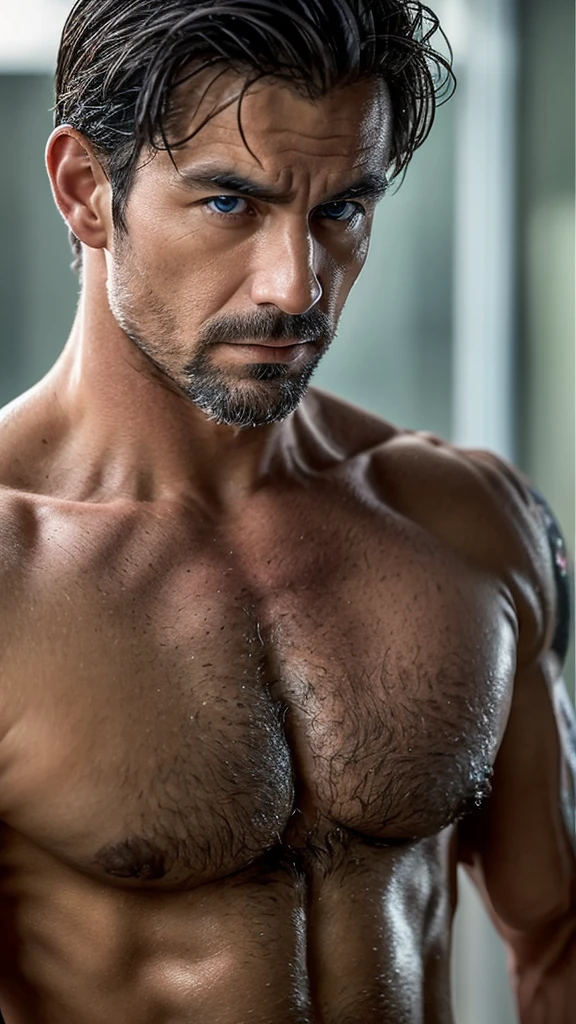 Create an image of a man in his late 40s to early 50s, shirtless with a muscular, well-maintained physique. His chest and arms are strong and defined, with a moderate amount of body hair on his chest and a light dusting on his arms. His hair is a mix of dark brown and silver, giving him a distinguished salt-and-pepper look. The hair on his chest is darker but still shows some graying, adding to his , rugged appeal. He has a square jawline with a few wrinkles around his piercing blue eyes. His expression is calm and authoritative, reflecting both his experience and confidence. The lighting should highlight the details of his muscular build and the subtle signs of age that add character to his appearance.