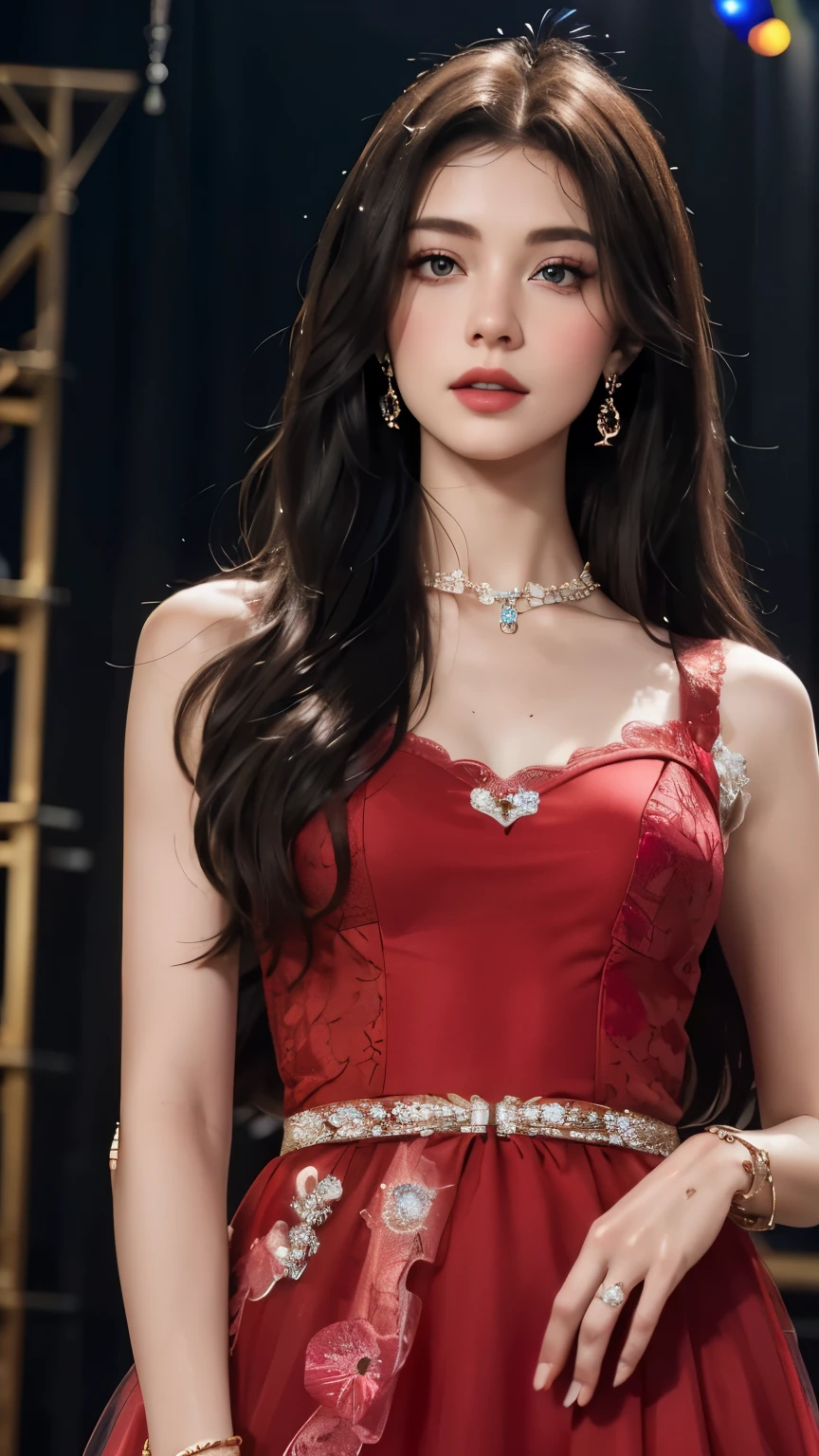 8k, masterpiece, 1 girl, pretty face, White skin, very long hair, light makeup, delicate eyes, detailed lips, This is tight, Realistic and detailed, very detailed dress, Princess Dress, (red dress:1.2), (Wear jewelry:1.5), (race:1.4), As a stage backdrop, attractive pose,