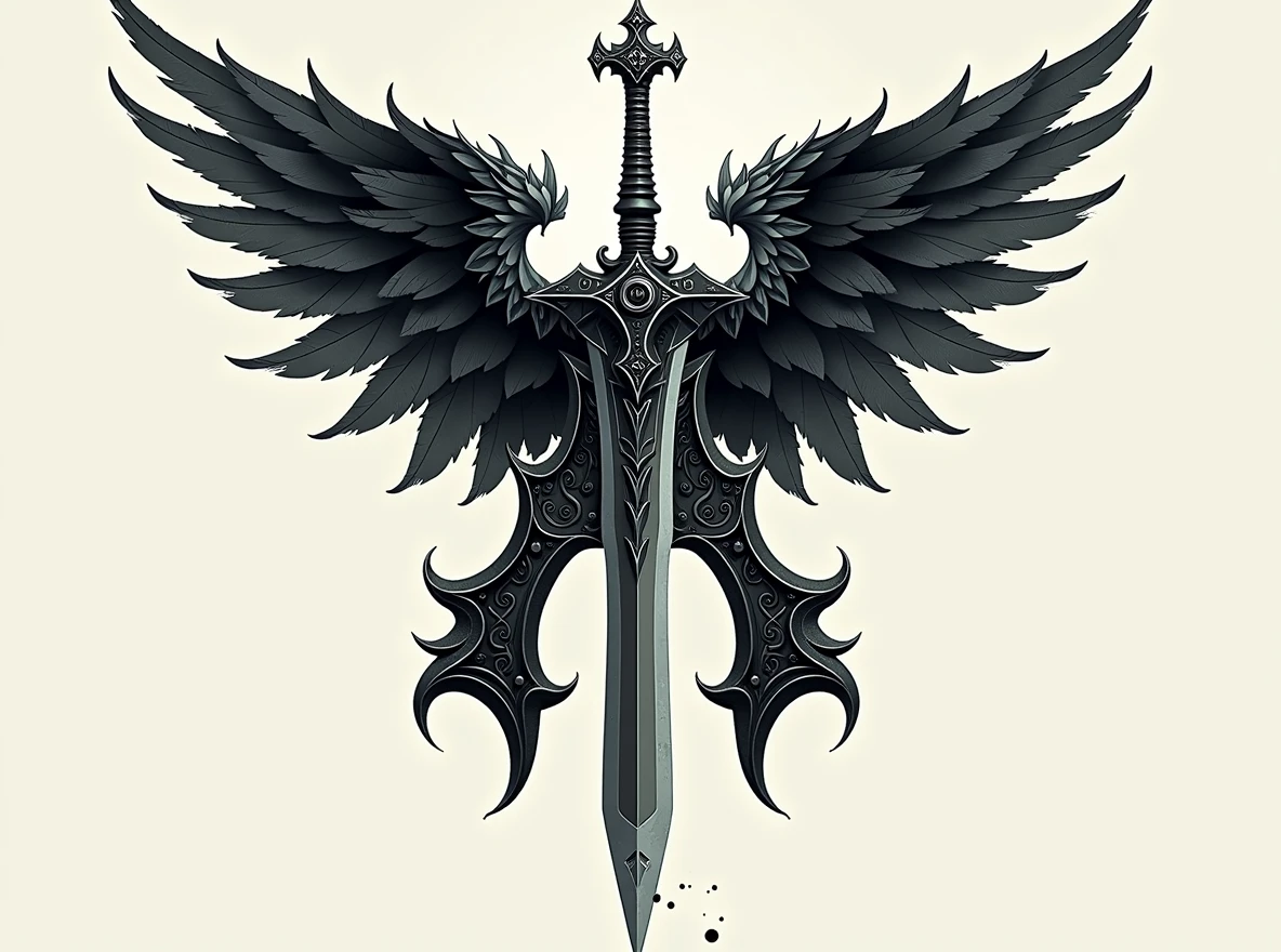 Replace the sword with an Athame dagger, featuring a thin, double-edged blade and a decorative handle. Ensure the 'A' shape and the wings remain intact and unchanged. The Athame should fit naturally into the design, maintaining the same alignment and position as the original sword, with the overall dark fantasy aesthetic.