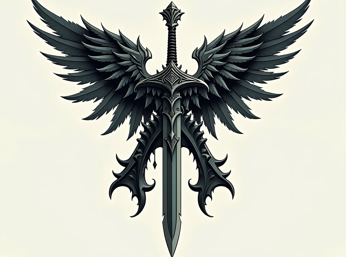 Replace the sword with an Athame dagger, featuring a thin, double-edged blade and a decorative handle. Ensure the 'A' shape and the wings remain intact and unchanged. The Athame should fit naturally into the design, maintaining the same alignment and position as the original sword, with the overall dark fantasy aesthetic.