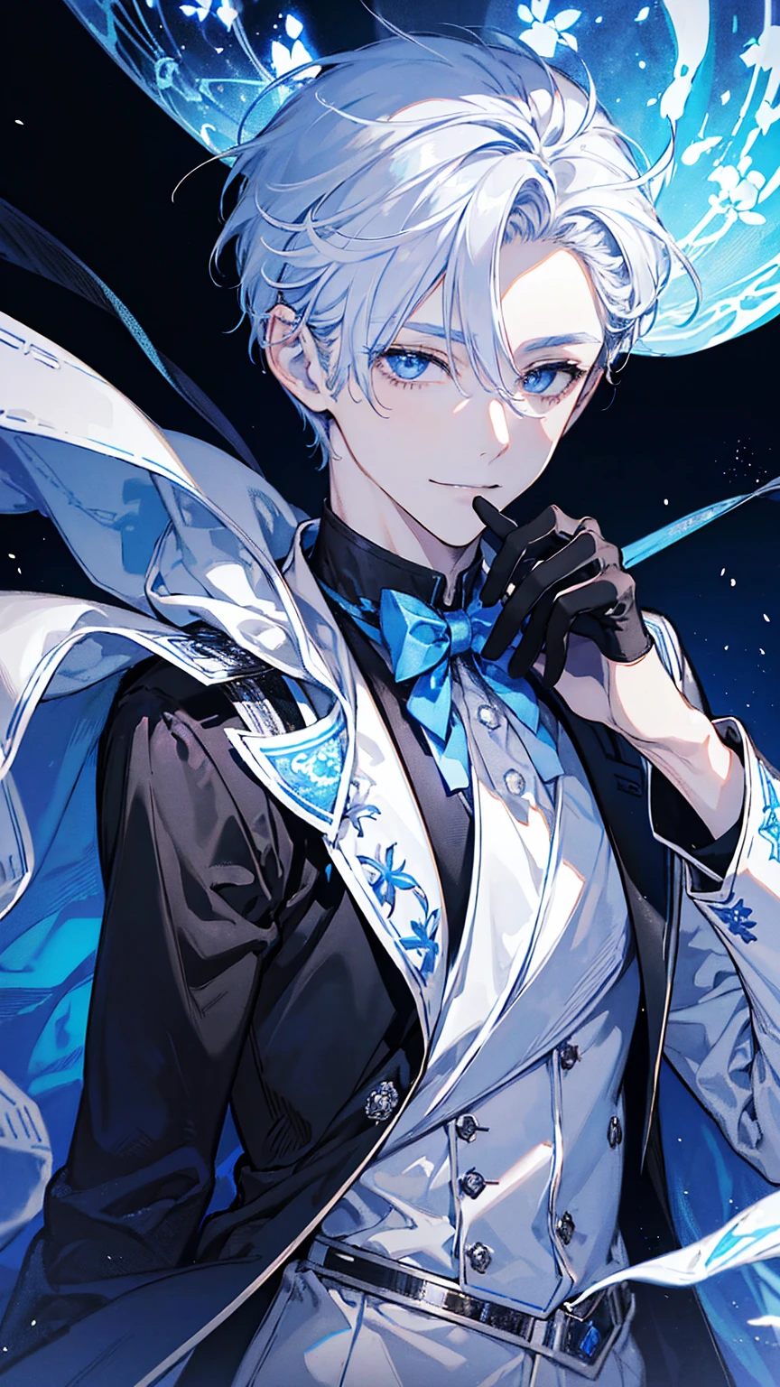 1young man,solo, male photo,confident smile, silver hair, ((short hair)), (short sideburns),light blue eyes, slant eyes,anatomically correct,blue ribbon tie,((black gloves)),((white cloak)),black suit,beautiful japanese style background,best quality, high quality,masterpiece, 8K
