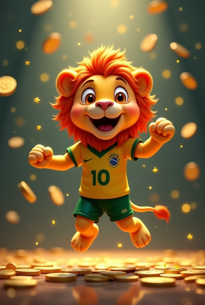 happy little lion, rain of money falling little lion with big mane, Pixar Lion, animation style, earning coins, notes on the floor, little lion jumping, happy little lion, little lion with brazilian shirt, Brazilian jersey, extremely happy little lion, even happier, coins falling big coins, small coins, rain of money, digital background, cyberspace cryptocurrency fund, integrated circuits, cellular, cellulares smarth phone na mão, com smarth phone