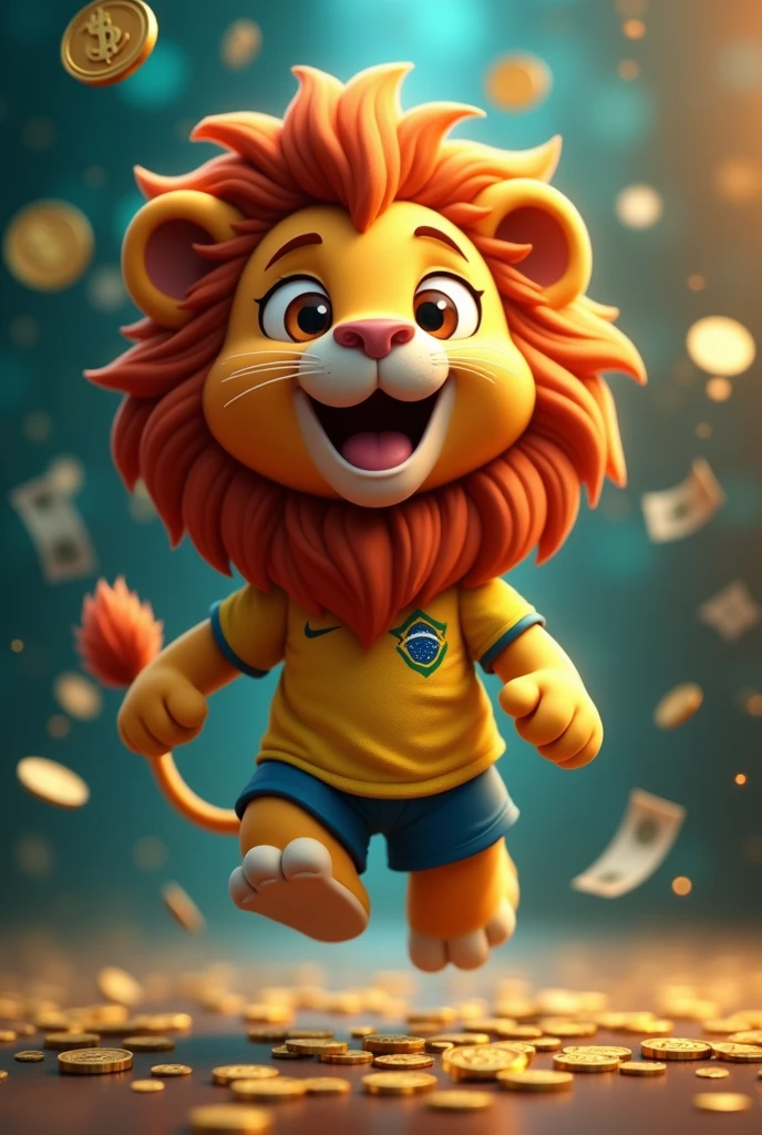 happy little lion, rain of money falling little lion with big mane, Pixar Lion, animation style, earning coins, notes on the floor, little lion jumping, happy little lion, little lion with brazilian shirt, Brazilian jersey, extremely happy little lion, even happier, coins falling big coins, small coins, rain of money, digital background, cyberspace cryptocurrency fund, integrated circuits, cellular, cellulares smarth phone na mão, com smarth phone