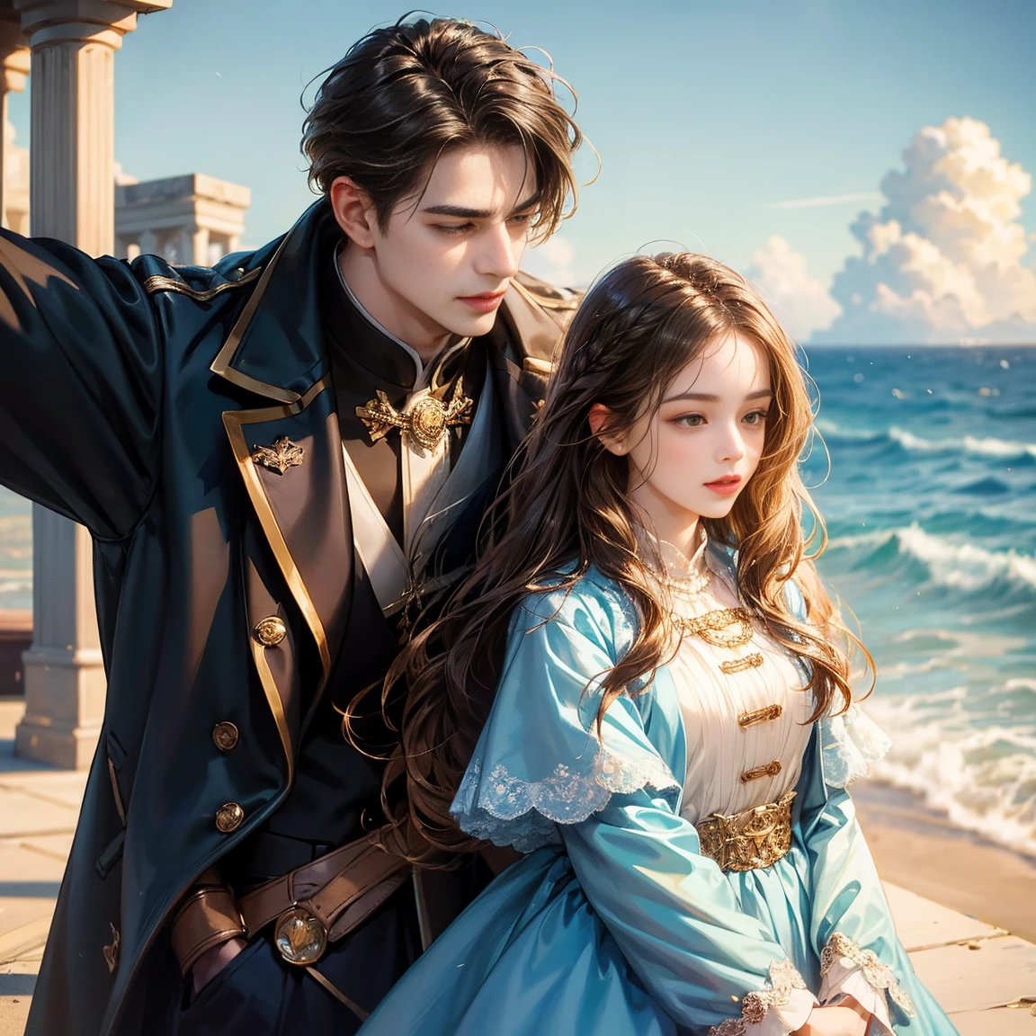 pair, 1 girl 1 boy. Different hair colors, Long wavy brown hair, No bangs and brown eyes, overcoat , black short hair, I have wavy hair and (blue sky) , Men's shirt set. They looked at each other and danced., different heights, detailed face, detailed hands. They are on the balcony., At night under the moonlight