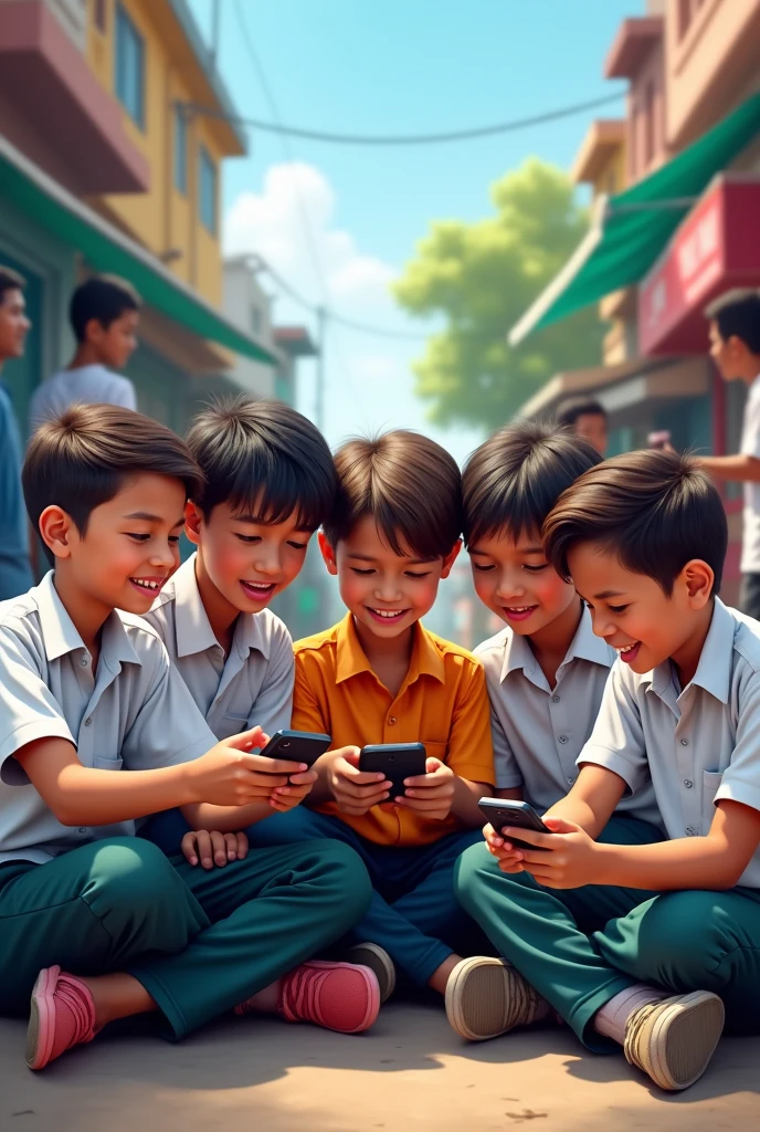  school collage boys play mobile game in road in Bangladesh 