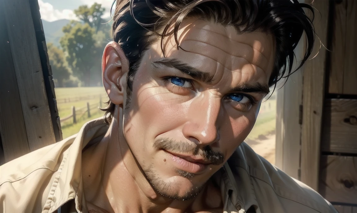 [((highly detailed, detailed eyes, detailed face, clear and realistic facial features, photorealistic, realistic light, cinematic)), (1 man), Mark is a handsome and alluring slender but muscular male farmer father middle-aged mature with short blond hair and a neat moustache and blue eyes and weathered skin wearing a flannelette shirt, ((aged 50)), ((weathered skin)), ((((Mark has a seductive smirking look on his face and a slight blush on his cheeks)))), (((middle-aged slender southern farmer))), There is a charming yet dry southern farm in the background, (((wearing a seductive sexy alluring expression)))]