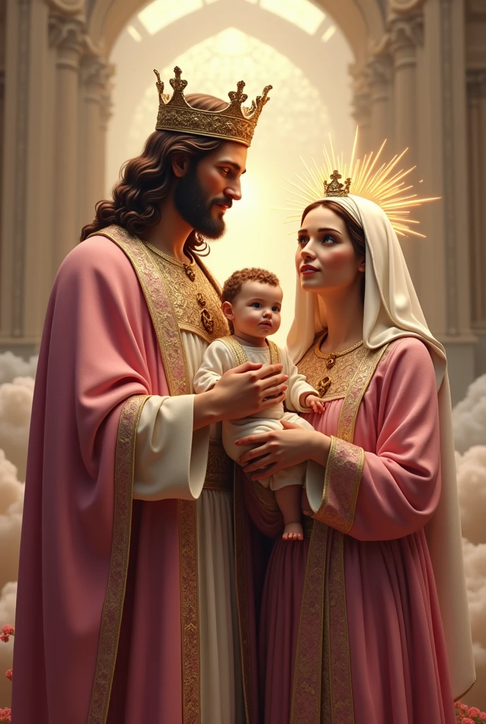 (photorealism:1.2), handsome Jesus Christ and virgin Mary carrying handsome baby Jesus, perfect real images, wearing the pink color of palace clothes and crown with light in their head and heart spreading all over in the church, perfect Jesus Christ, perfect virgin Mary, perfect baby Jesus, real Jesus Christ, real virgin Mary, baby Jesus, perfect five hands, perfect foot,perfect smiling face, elegant, soft lighting, many clouds, stand straight, realistic, intricate details, warm colors, by Earl Cornelio Necor