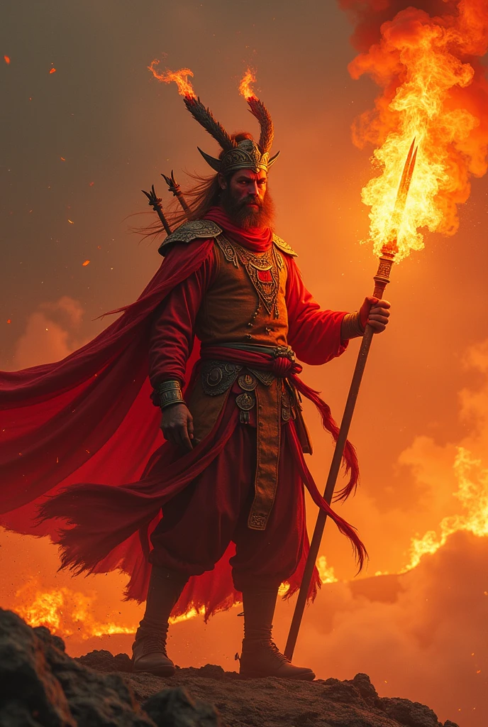 Sun wukong but looking like a red face Vanara, holding a flaming spear made with Siccatite material wearing a War general clothes
