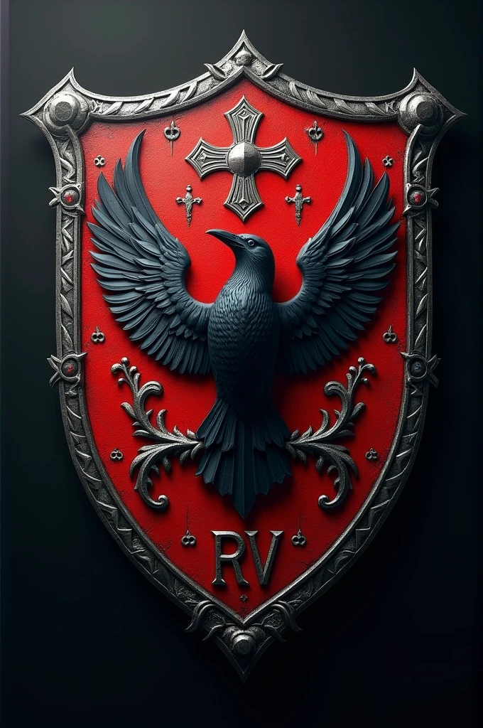 Create a medical family shield, Medieval appearance with Gothic style, Its representative animal is a crow. red colors, black and silver. RV Initials. Wide image with black background. With medical cross. multiple details.