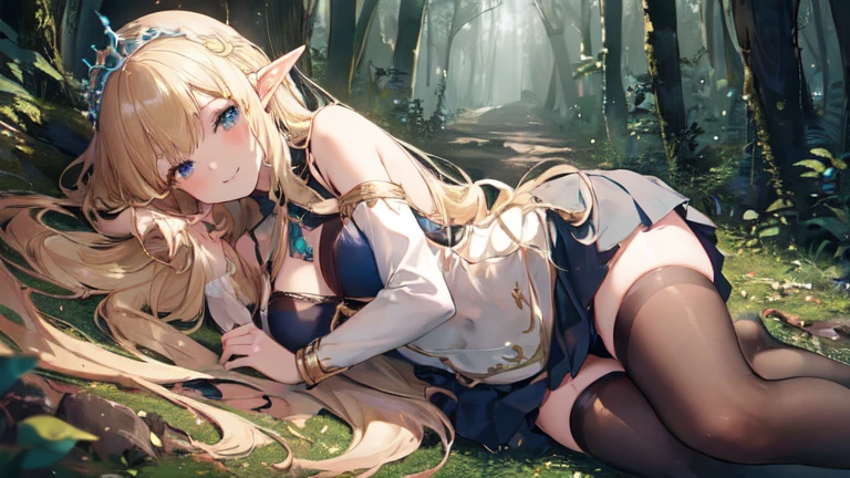 best quality、Highest image quality、Super beautiful elf beauty((22-year-old OL with big bust、Bust 90,Beautiful long permed hair、Blonde、Slender、beautiful tiara、high quality、Elf ears、Happy smile、myth、Sexy的、extremely good、Mysterious Forest、in the woods、super high quality, Super detailed, Ultra-clear, forest, one person, long blonde hair, sleep, Swimsuit, beautiful color clothes, mini skirt, Stockings, Sexy,