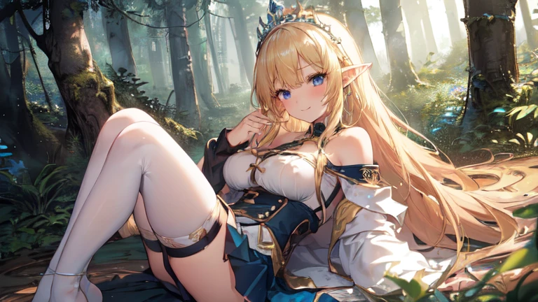 best quality、Highest image quality、Super beautiful elf beauty((22-year-old OL with big bust、Bust 90,Beautiful long permed hair、Blonde、Slender、beautiful tiara、high quality、Elf ears、Happy smile、myth、Sexy的、extremely good、Mysterious Forest、in the woods、super high quality, Super detailed, Ultra-clear, forest, one person, long blonde hair, sleep, Swimsuit, beautiful color clothes, mini skirt, Stockings, Sexy,