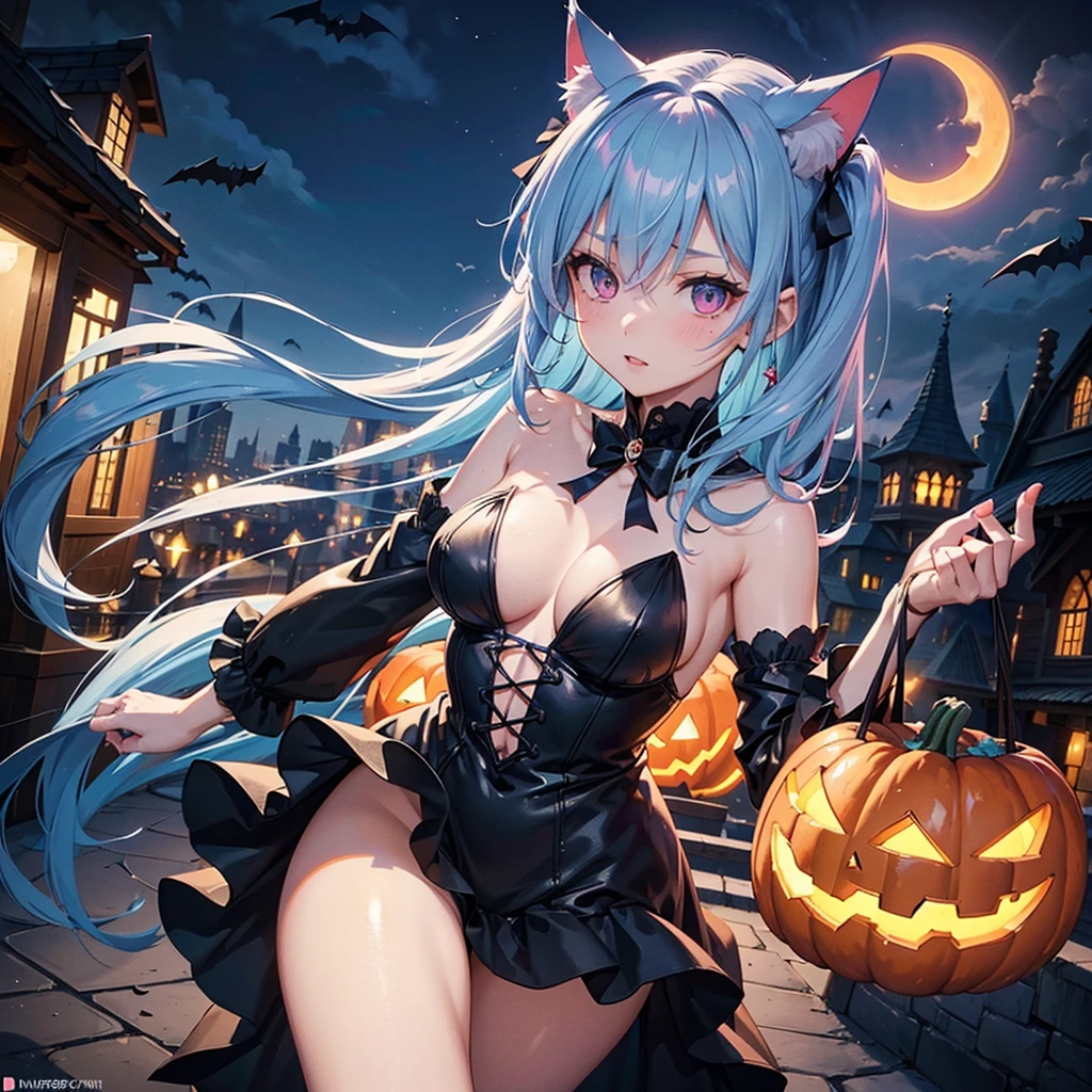 (Sky blue hair),(Medium Hair), (Pink Eyes),Fair skin) ,(whole body),(One Girl),(Crescent Moon),(There are lots of pumpkin ghosts in the background),Cat ear,Cat clothes,(Ahegao),Fall into Darkness,If you don't give me sweets, I'll play a prank on you.),Halloween Night Party),(masterpiece, Highest quality, Very detailed, Best Shadow), (Detailed Background), (Beautifully detailed face), High Contrast, (Best lighting, Very delicate and beautiful), ((Cinematic Light)), Hyper Detail,8k, Dramatic Light, Intricate details,night,(Bats flying in the background),Pumpkin handbag,There are sweets in the bag,