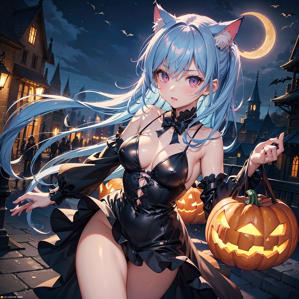 (Sky blue hair),(Medium Hair), (Pink Eyes),Fair skin) ,(whole body),(One Girl),(Crescent Moon),(There are lots of pumpkin ghosts in the background),Cat ear,Cat clothes,(Ahegao),Fall into Darkness,If you don't give me sweets, I'll play a prank on you.),Halloween Night Party),(masterpiece, Highest quality, Very detailed, Best Shadow), (Detailed Background), (Beautifully detailed face), High Contrast, (Best lighting, Very delicate and beautiful), ((Cinematic Light)), Hyper Detail,8k, Dramatic Light, Intricate details,night,(Bats flying in the background),Pumpkin handbag,There are sweets in the bag,