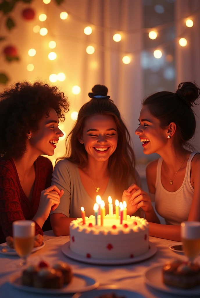 3 friends celebrating another friend&#39;s birthday (brunette)