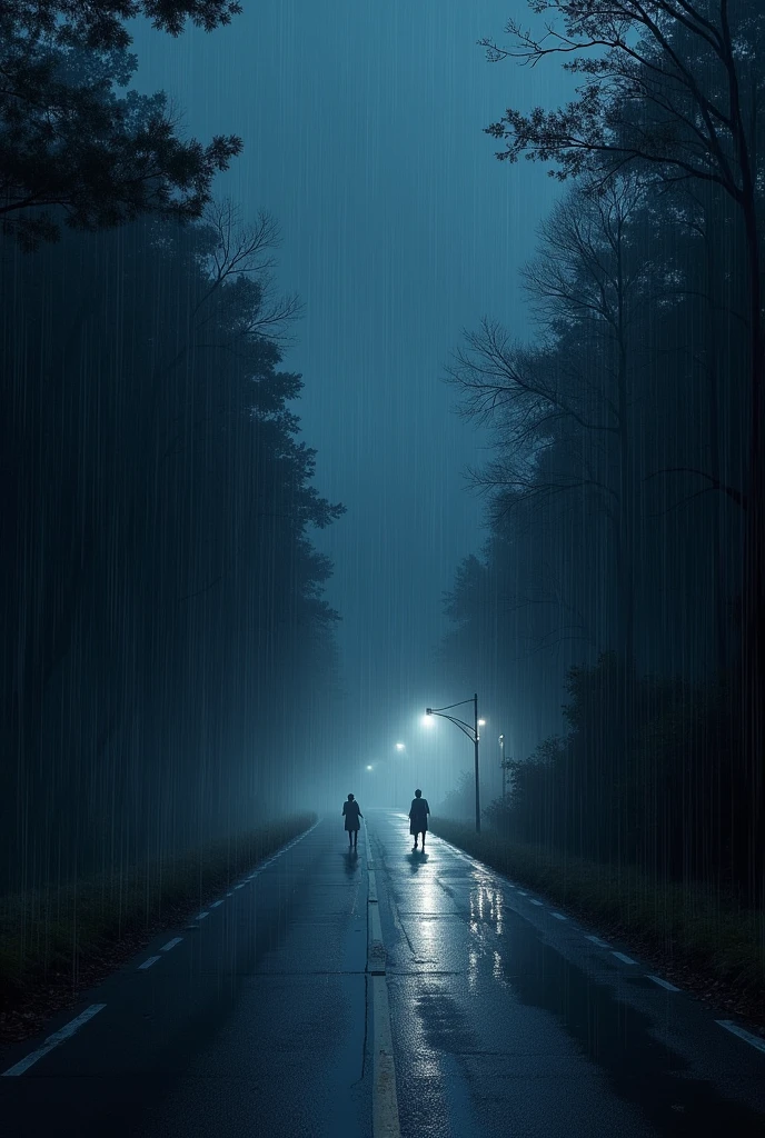 A beautiful scenery in dark night onhe road with rain