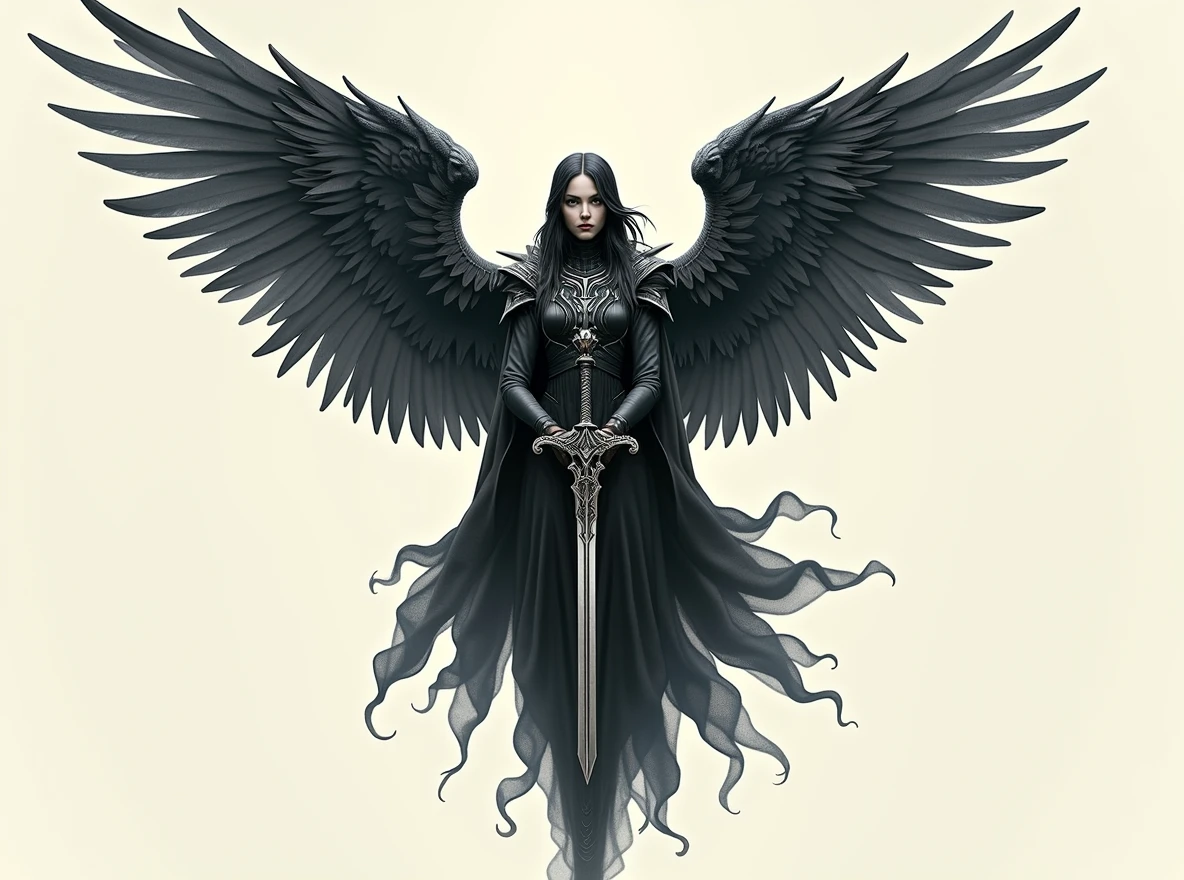 Replace the sword with an Athame dagger, featuring a thin, double-edged blade and a decorative handle. Ensure the 'A' shape and the wings remain intact and unchanged. The Athame should fit naturally into the design, maintaining the same alignment and position as the original sword, with the overall dark fantasy aesthetic.