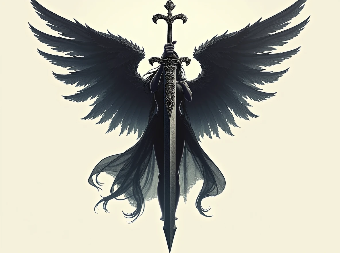 Replace the sword with an Athame dagger, featuring a thin, double-edged blade and a decorative handle. Ensure the 'A' shape and the wings remain intact and unchanged. The Athame should fit naturally into the design, maintaining the same alignment and position as the original sword, with the overall dark fantasy aesthetic.
